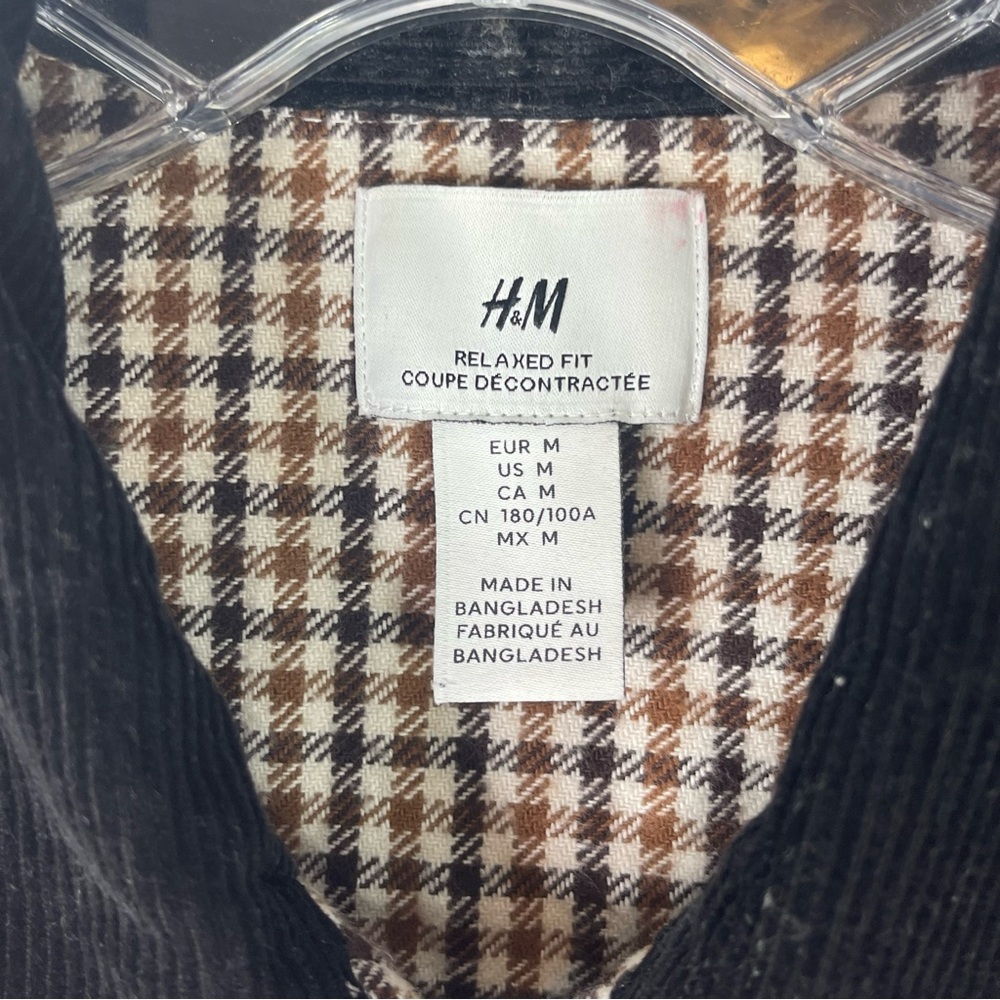 H&M cream brown tan plaid flannel oversized corduroy zip light jacket medium - Picture 5 of 7
